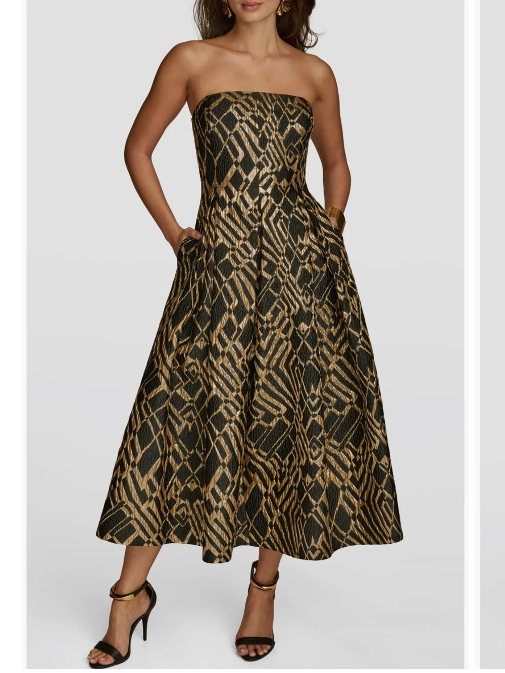 Donna Karan Strapless Jacquard Black and Gold Patterned Fit-and-Flare Dress